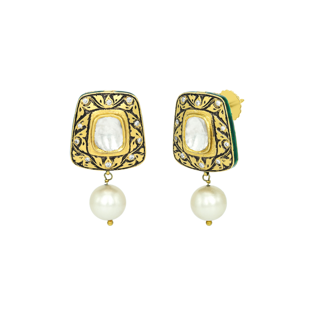 Polki Studs with Partash Detailing and Pearl Drop